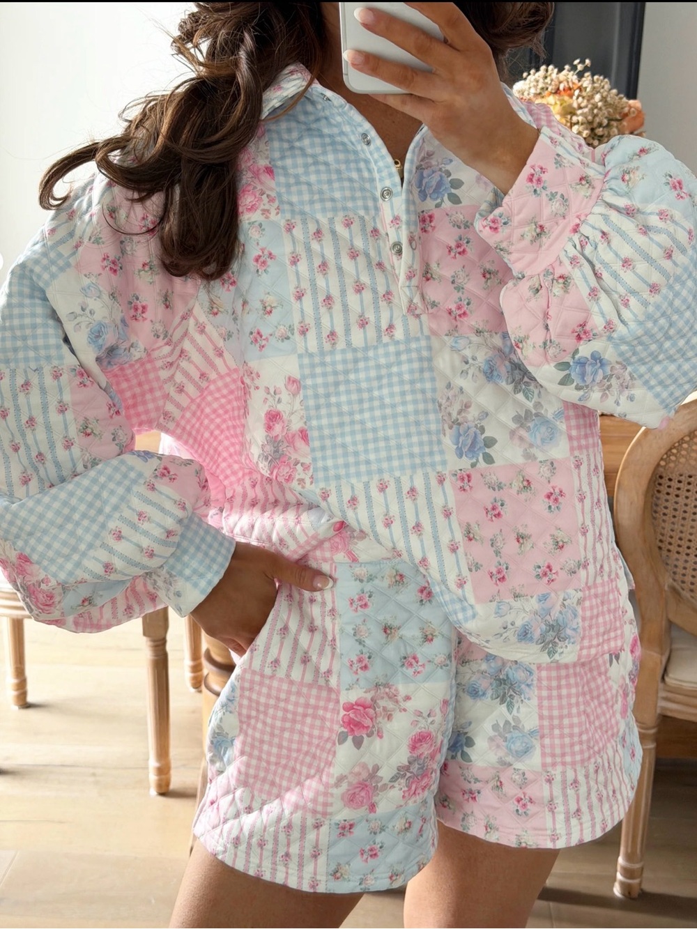 Your Darling Boutique Quilted Floral Patchwork Two-Piece Set - Pink & Light Blue